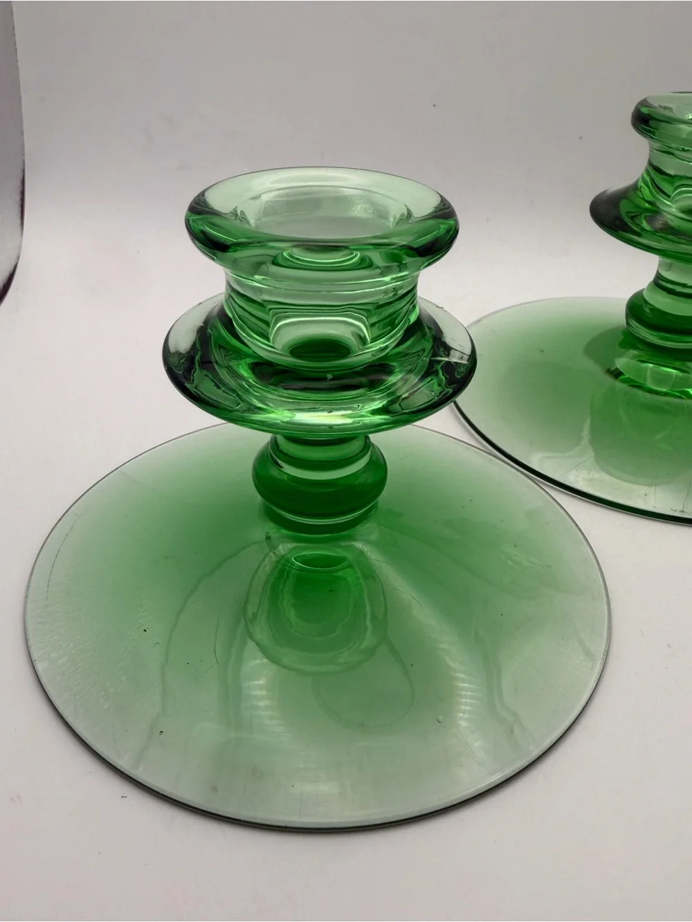 Green Uranium Glass Candle Holders - Set of 2